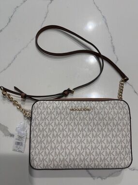 Michael Kors Signature MK Logo Crossbody in Vanilla and Brown